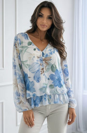 Anisha Floral V-Neck Frill Layered Chiffon Blouse-Blue