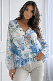 Anisha Floral V-Neck Frill Layered Chiffon Blouse-Blue