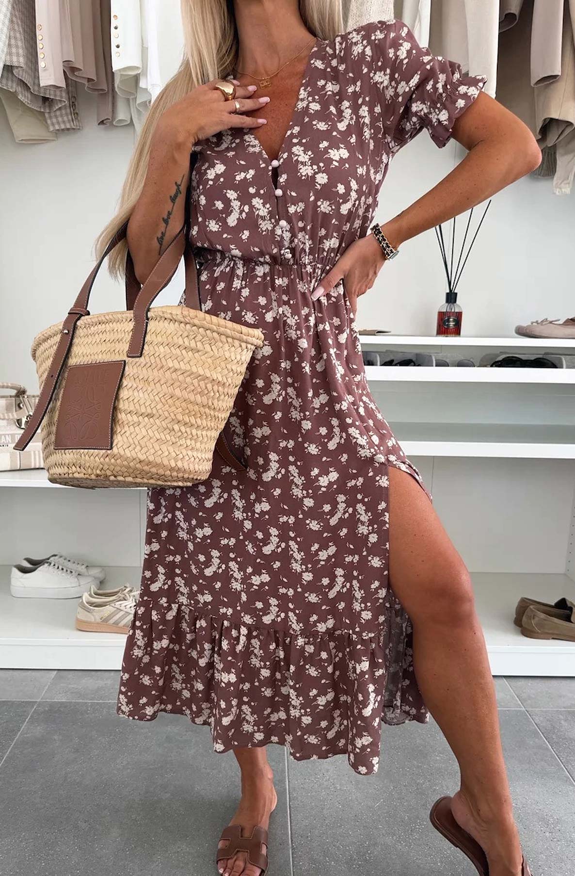 Anna Floral Side Slit Midaxi Dress-Brown