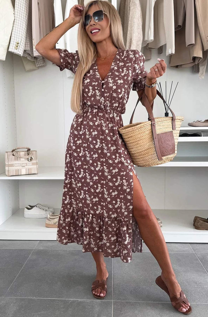 Anna Floral Side Slit Midaxi Dress-Brown