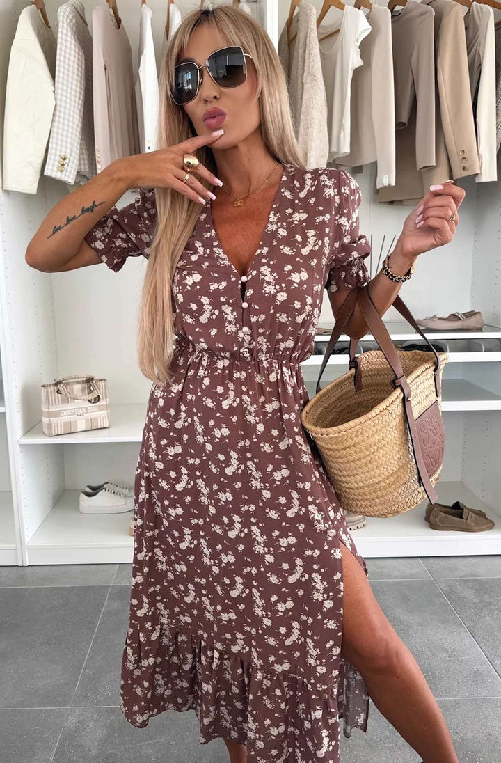 Anna Floral Side Slit Midaxi Dress-Brown