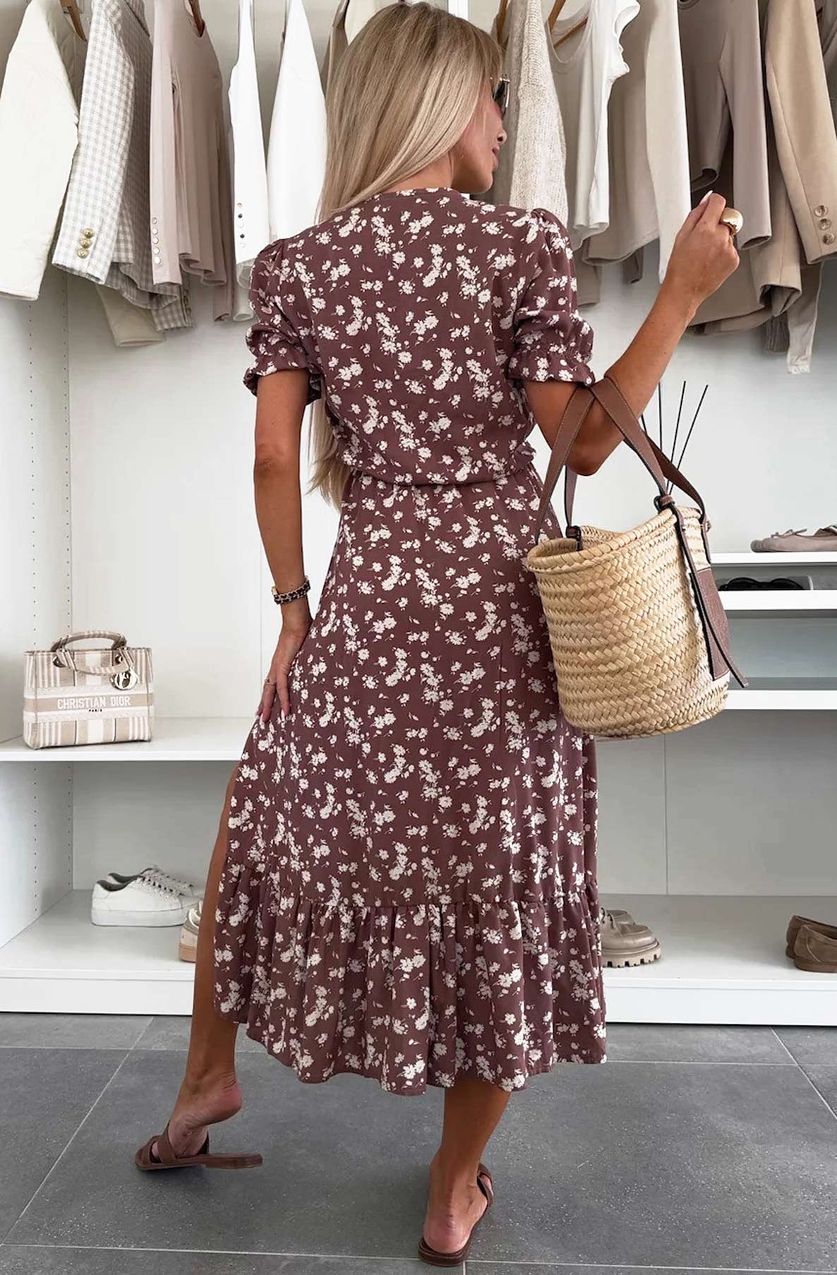 Anna Floral Side Slit Midaxi Dress-Brown
