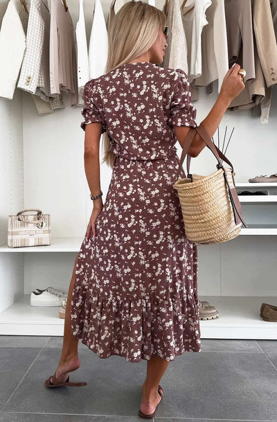 Anna Floral Side Slit Midaxi Dress-Brown