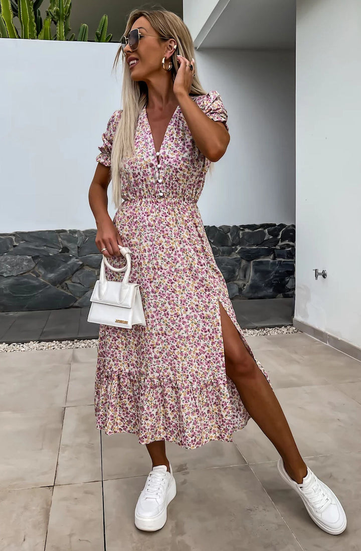 Anna Floral Side Slit Midaxi Dress-Mauve