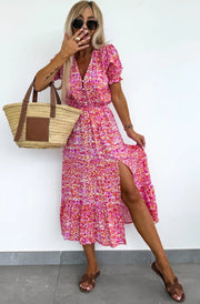 Anna Floral Side Slit Midaxi Dress-Pink