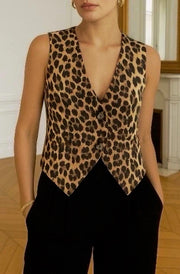 Anya Leopard Sleeveless Gilet Vest-Brown