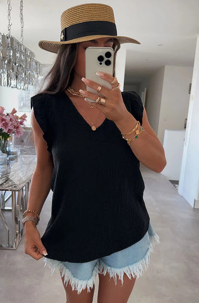 Aria Frill Sleeve Cotton Gauze Style Blouse Top-Black