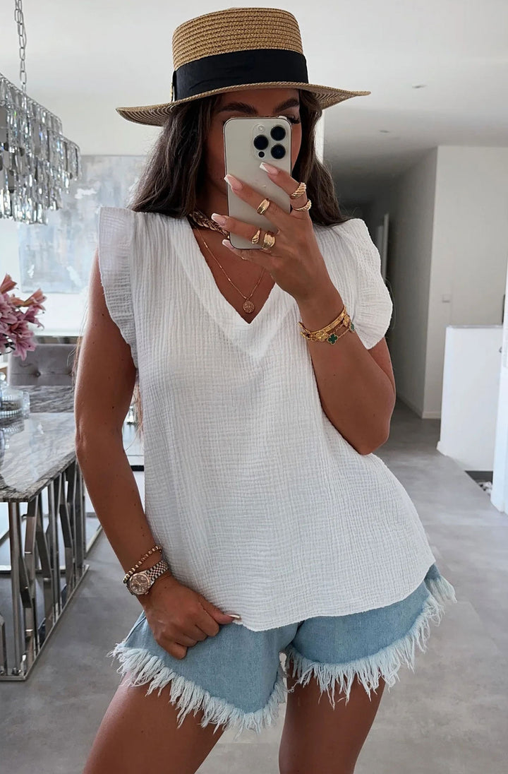 Aria Frill Sleeve Cotton Gauze Style Blouse Top-Ivory