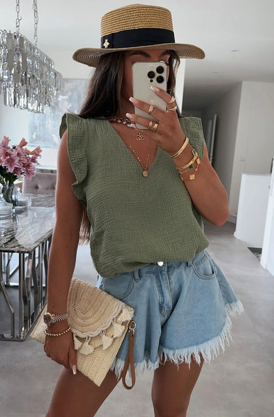 Aria Frill Sleeve Cotton Gauze Style Blouse Top-Khaki