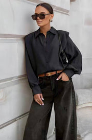 Arietta Padded Shoulders Panel Shirt Blouse-Black