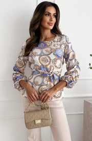 Ashley Scarf Print Satin Shirt Blouse Top-Ivory
