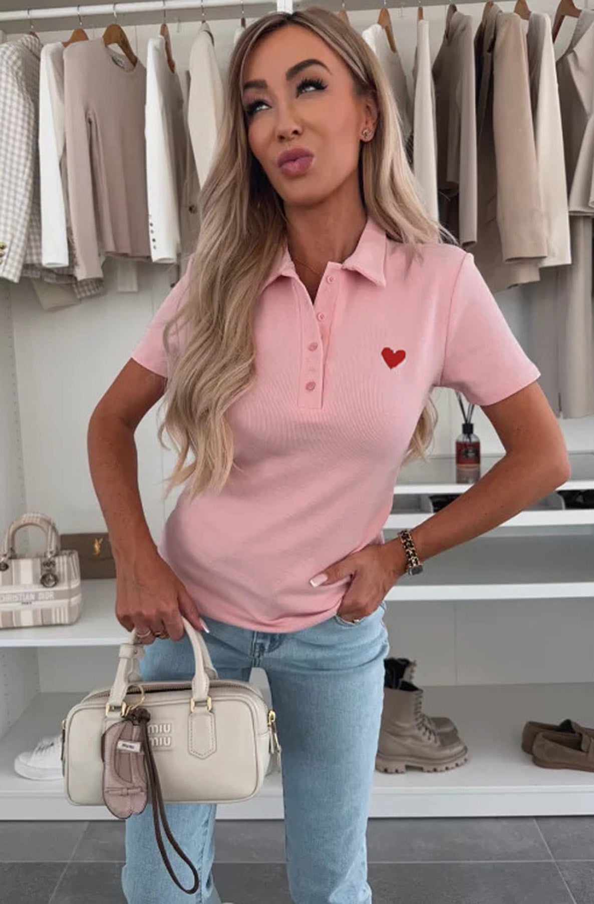 Athena 'Heart' Polo Style T-Shirt Top-Pink