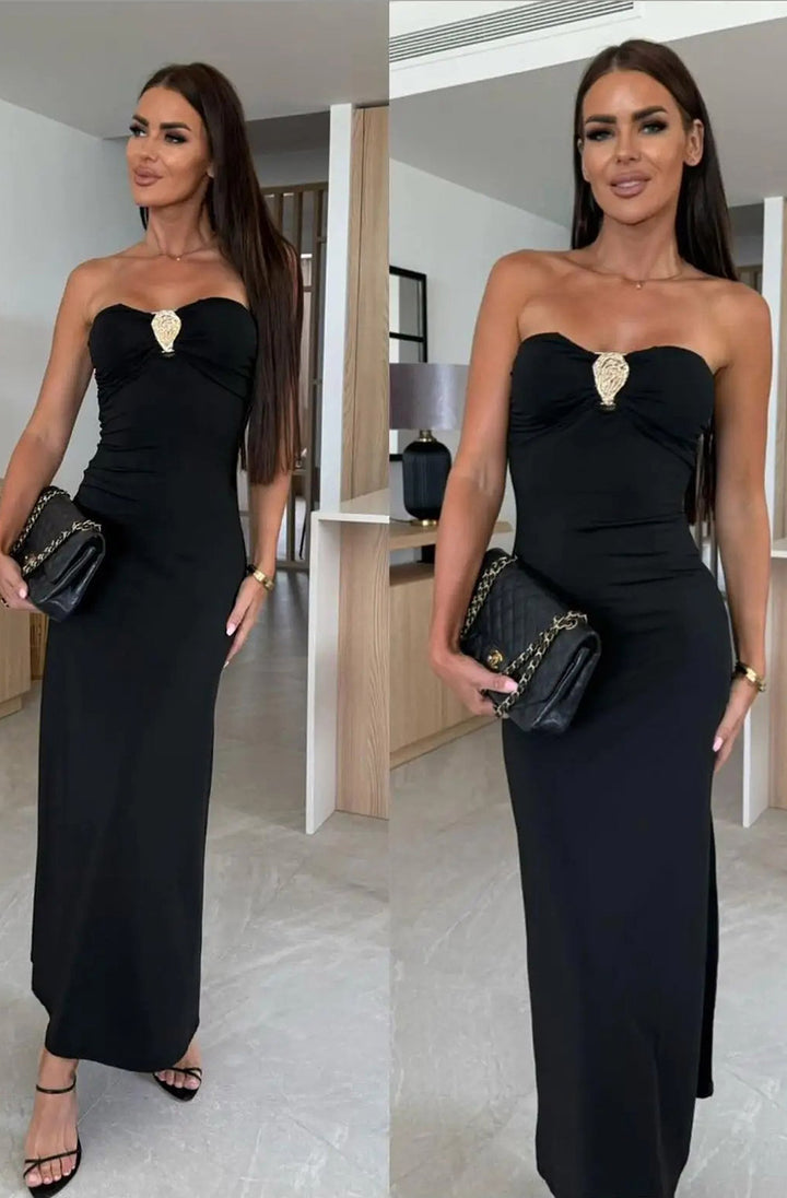 Aurelia Strapless Embellished Maxi Dress-Black