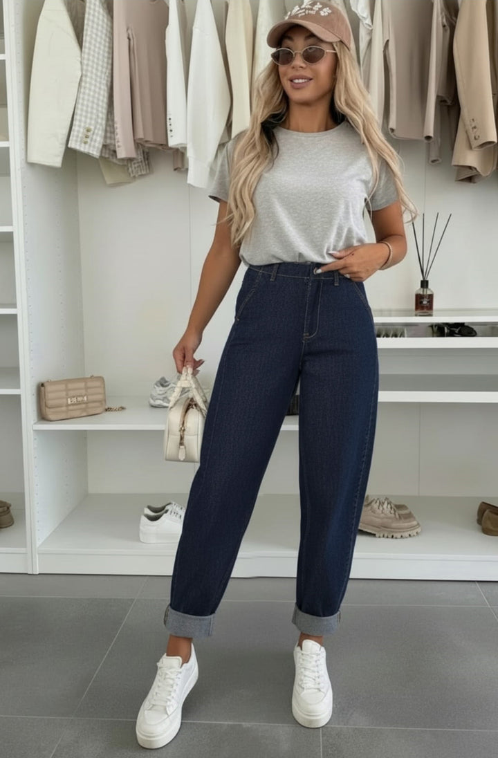 Auri High Rise Balloon Leg Denim Jeans-Dark Blue