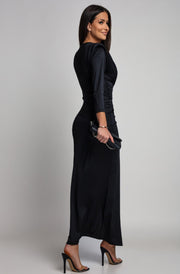 Aveline Front Ruched Jewel Belt Maxi Dress-Black