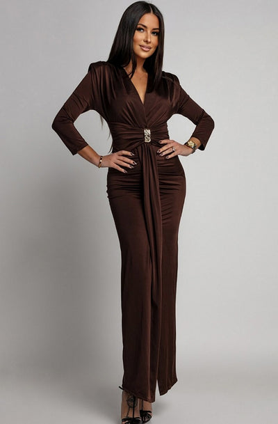 Aveline Front Ruched Jewel Belt Maxi Dress-Brown