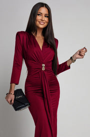 Aveline Front Ruched Jewel Belt Maxi Dress-Wine