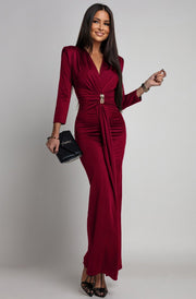 Aveline Front Ruched Jewel Belt Maxi Dress-Wine