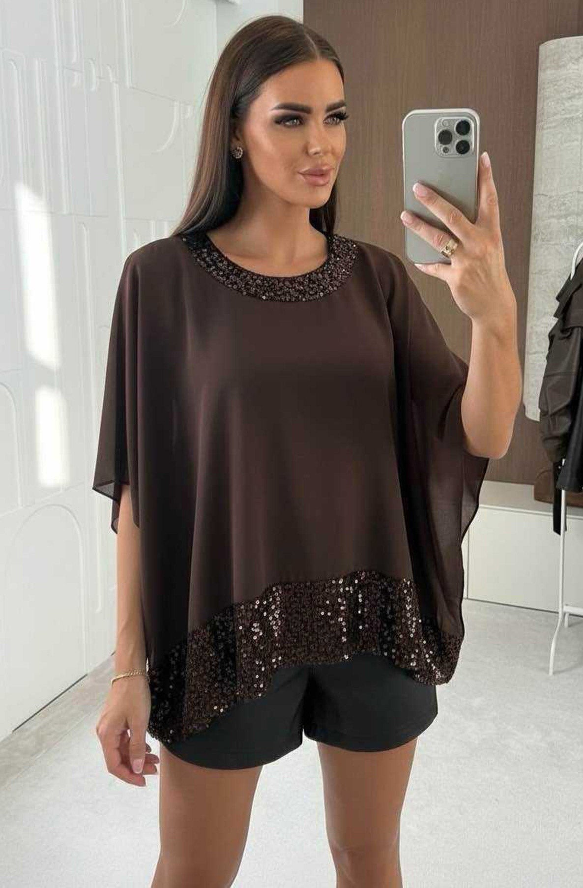 Ayla Sequin Trim Batwing Chiffon Cape Blouse-Brown