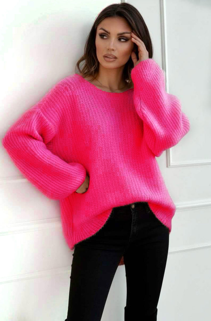Azura Oversized Alpaca Ribbed Knitted Sweater Jumper-Hot Pink