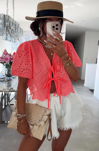 Belle Broderie Style Scalloped Hem Tie-Up Top-Coral