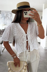 Belle Broderie Style Scalloped Hem Tie-Up Top-Ivory