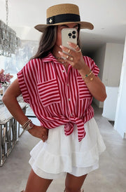 Brina Striped Pocket Detail Cotton Gauze Style Shirt Top-Dark Pink