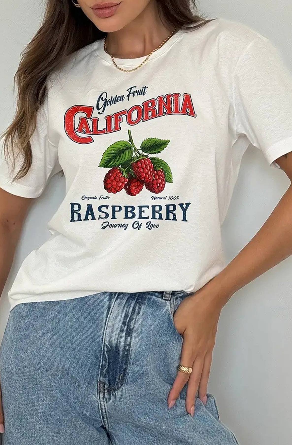 California 'Raspberry' Oversized Graphic Printed T. Shirt Top-Ivory