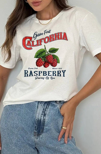California 'Raspberry' Oversized Graphic Printed T. Shirt Top-Ivory