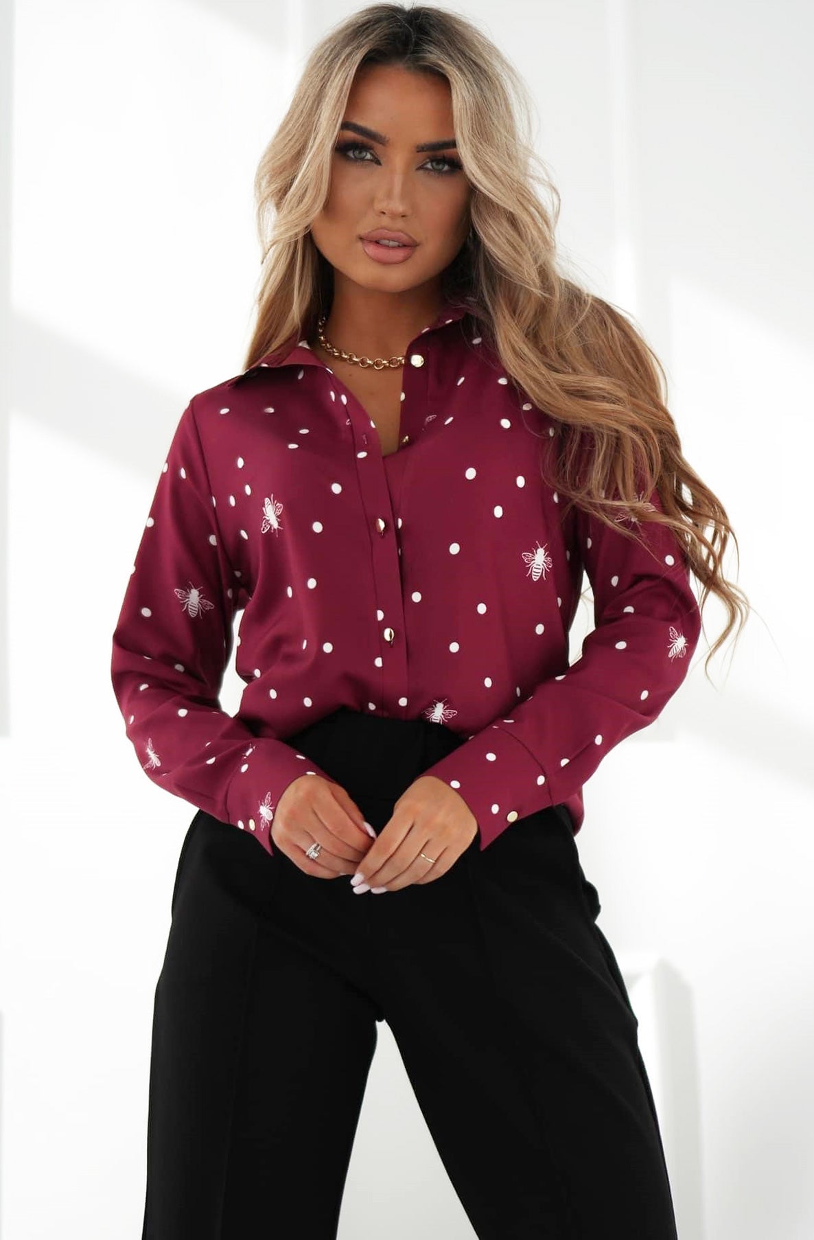 Camila "Bee" Printed Shirt Blouse Top-Wine
