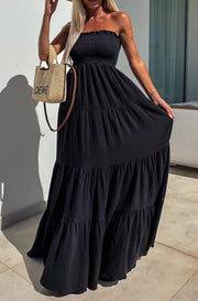 Cassie Shirred Bandeau Tiered Maxi Dress-Black