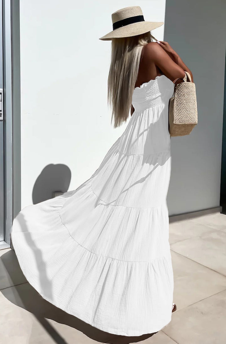 Cassie Shirred Bandeau Tiered Maxi Dress-Ivory