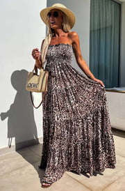 Cassie Shirred Bandeau Tiered Maxi Dress-Brown