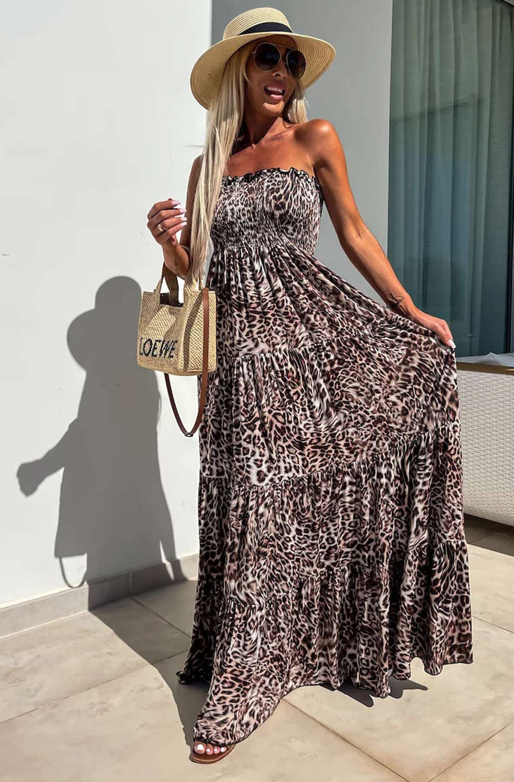 Cassie Shirred Bandeau Tiered Maxi Dress-Brown