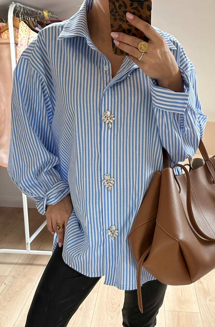 Celeste Striped Diamante Oversized Blouse Shirt Top-Blue