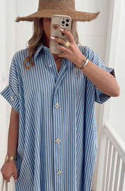 Celeste Striped Diamante Oversized Midaxi Shirt Dress-Blue