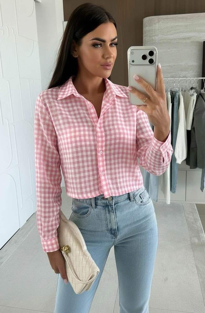 Chantel Gingham Check Cropped Button-Up Shirt Top-Pink