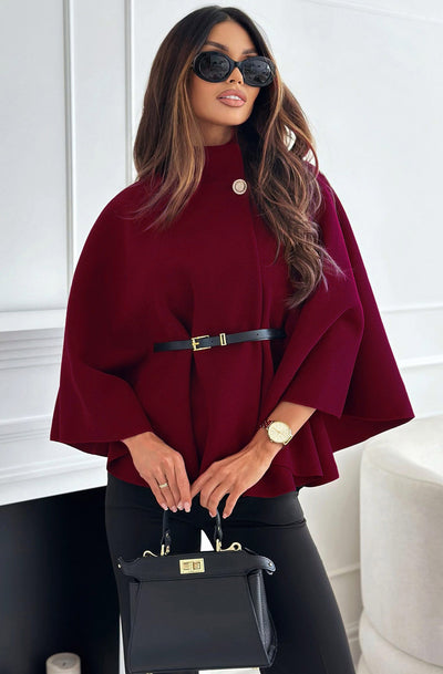 Cherise Button Detail Belted Poncho-Wine