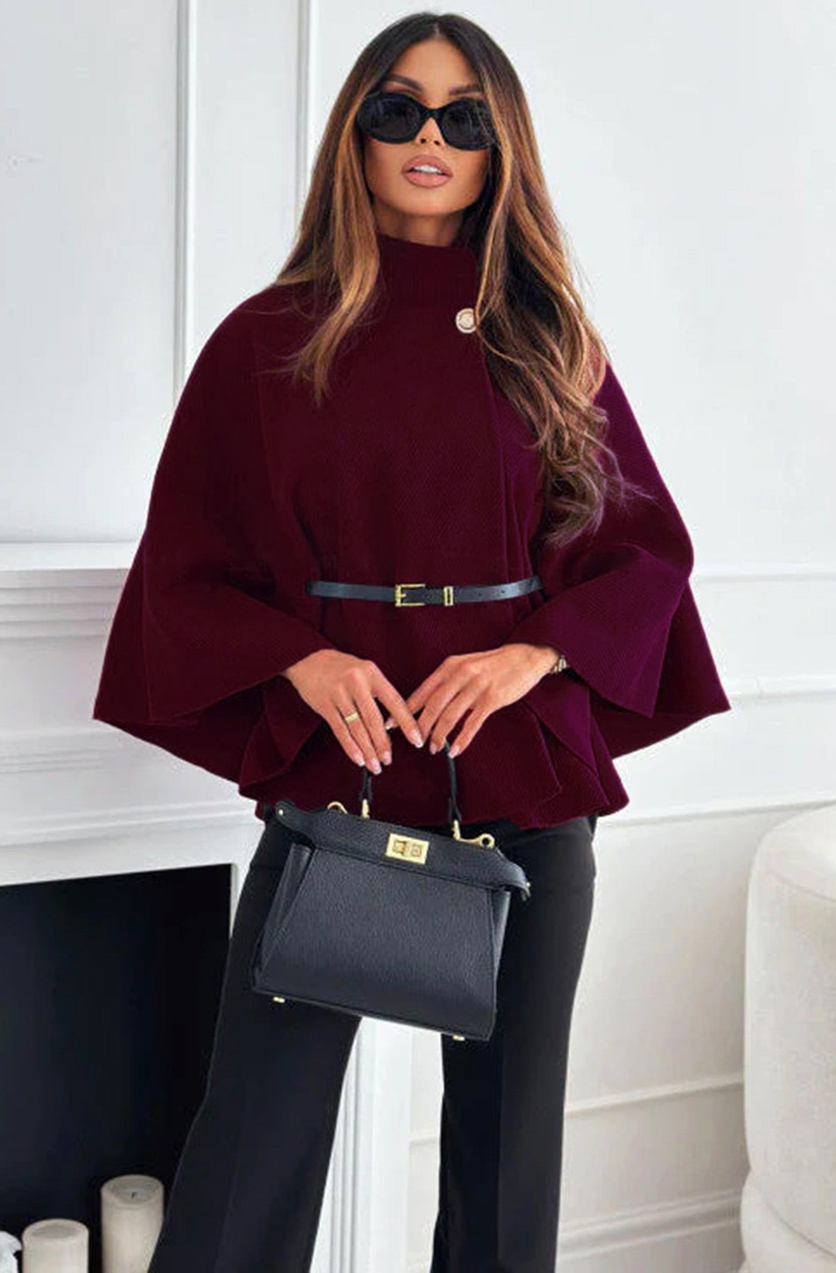 Cherise Button Detail Belted Poncho-Wine