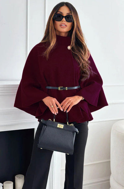 Cherise Button Detail Belted Poncho-Wine