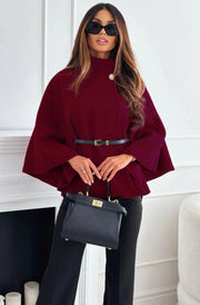 Cherise Button Detail Belted Poncho-Wine