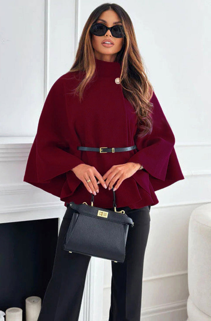 Cherise Button Detail Belted Poncho-Wine
