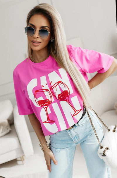 'Cin Cin' Graphic Print T-Shirt Top-Pink