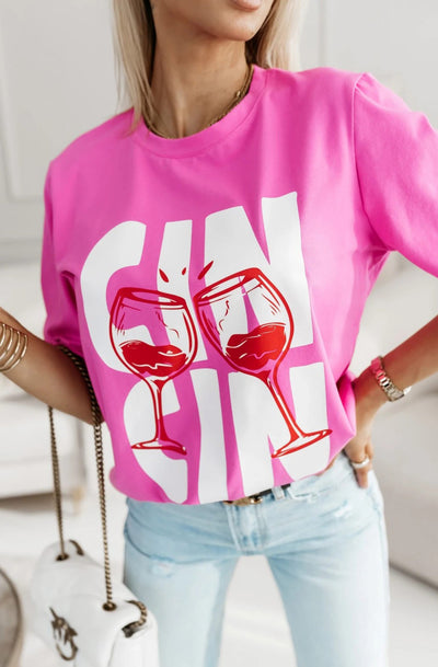 'Cin Cin' Graphic Print T-Shirt Top-Pink