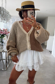 Cindy Colour Block Contrast Knitted Cardigan-Brown