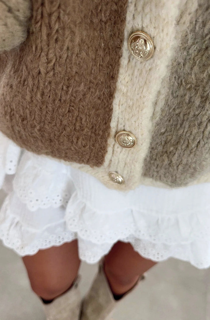 Cindy Colour Block Contrast Knitted Cardigan-Brown