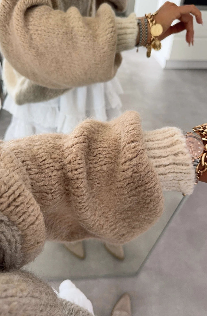 Cindy Colour Block Contrast Knitted Cardigan-Brown