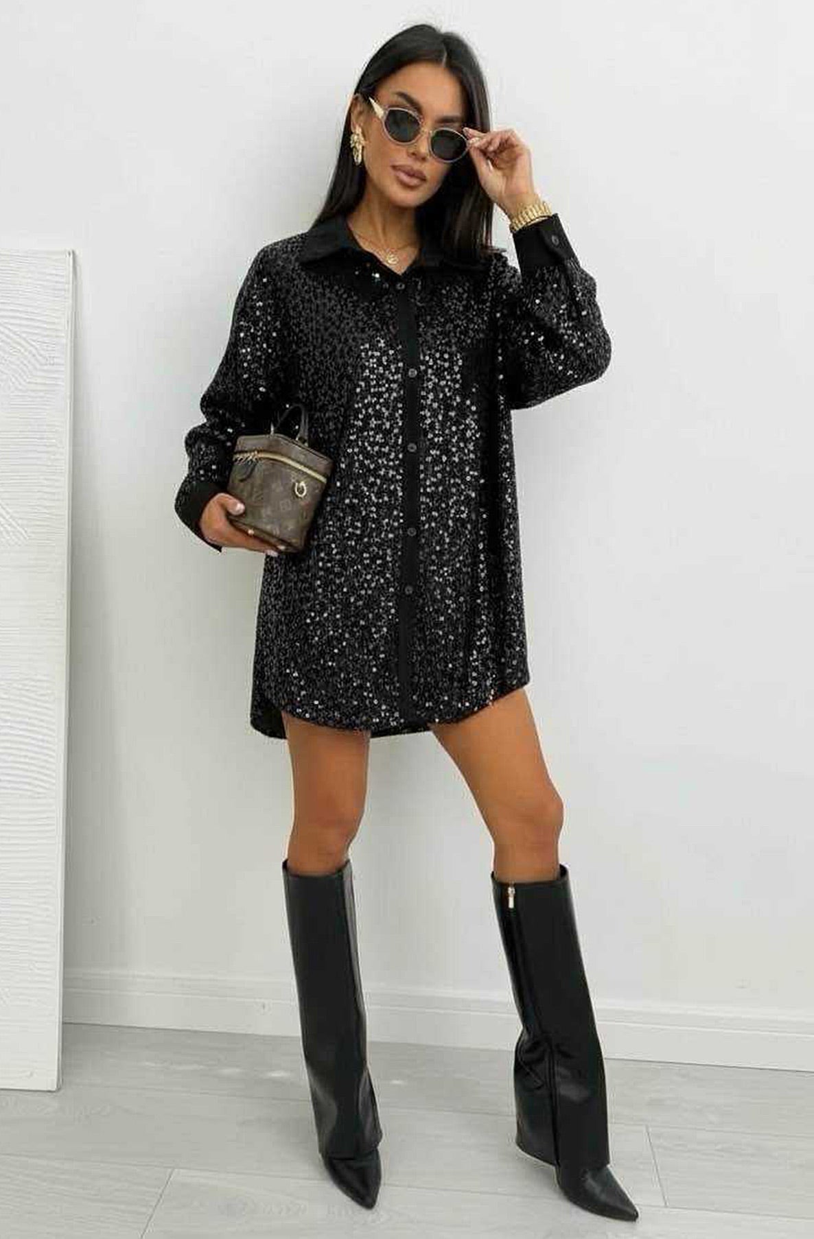 Colette Leopard Sequin Shirt Blouse Top-Black