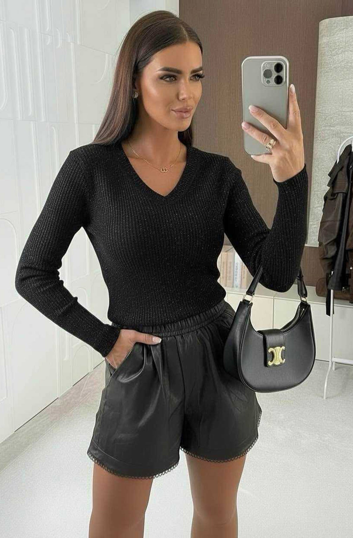 Dalia Shimmer Ribbed Light Knitted Sweater Jumper Top-Black