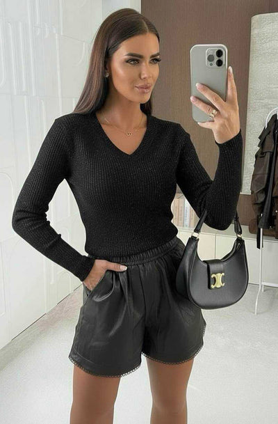 Dalia Shimmer Ribbed Light Knitted Sweater Jumper Top-Black